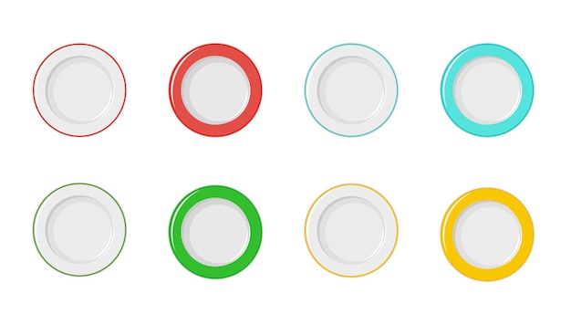 Empty plates with red blue yellow and green border on a white background dish for serving food to ch