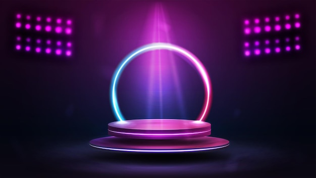 Empty podium floating in the air with spotlights on background illustration with abstract scene with pink and blue circle neon frame