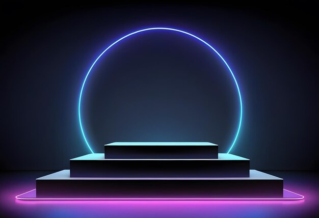 Vector empty podium platform with neon gradient rings in futuristic style