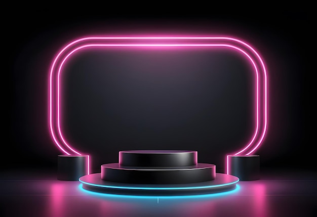 Vector empty podium platform with neon gradient rings in futuristic style