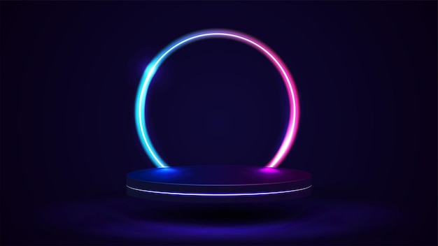 Empty podium with line gradient neon ring on background. 3d render. illustration with abstract scene with pink and blue neon frame