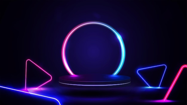 Vector empty podium with line gradient neon ring on background and neon blue and pink triangles around 3d render illustration with abstract scene with pink and blue neon frame