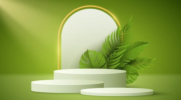 Empty podium with tropical plants to display your product Summer scene with sunlight 3D pedestal for your business mockup Sale banner Vector illustration