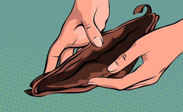 Empty purse in the hands of a woman Open wallet without money closeup Vector illustration pop art