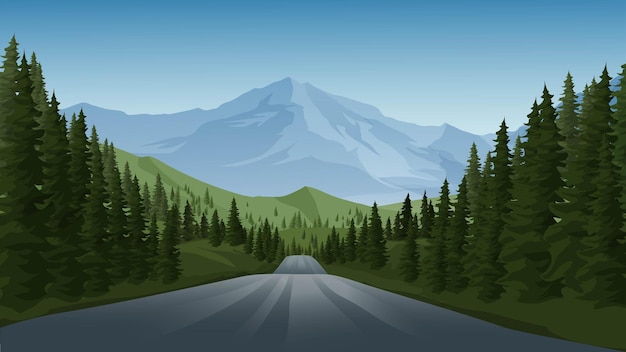 Vector empty road in forest with mountain