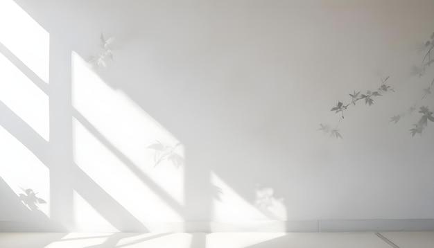 An empty room with a white wall and sunlight streaming through the window with leaf shadows