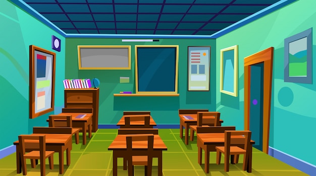 Empty School Class Room Interior Board Desk Flat Vector Illustration