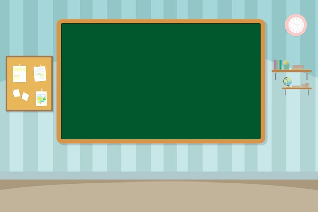 Empty school classroom with green chalkboard