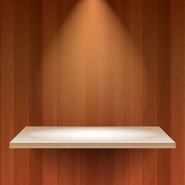 Empty shelf in wooden background.