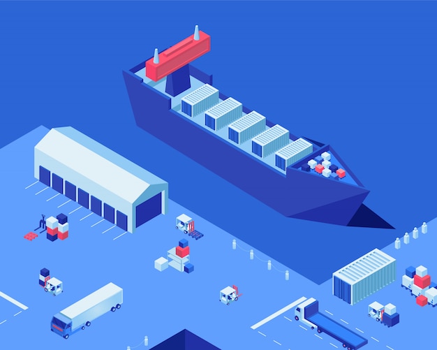 Vector empty shipping dock isometric vector illustration. warehouse storage, industrial ship and freight trucks at harbor. merchandise transportation business, maritime delivery service, cargo distribution