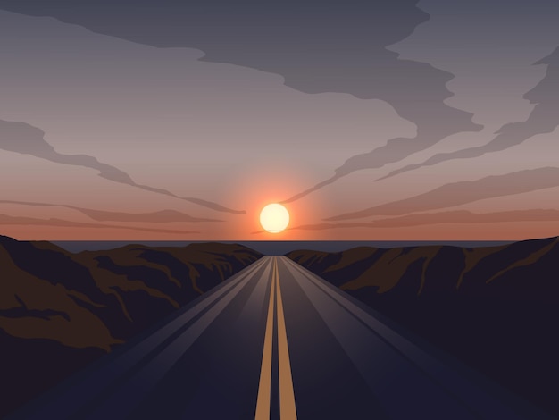 Empty straight road at sunset