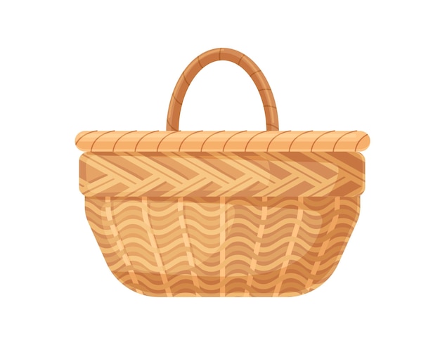 Empty straw basket. Single-handle wicker. Realistic wickerwork. Garden basketry. Handmade woven braided container for storage. Flat cartoon vector illustration isolated on white background.