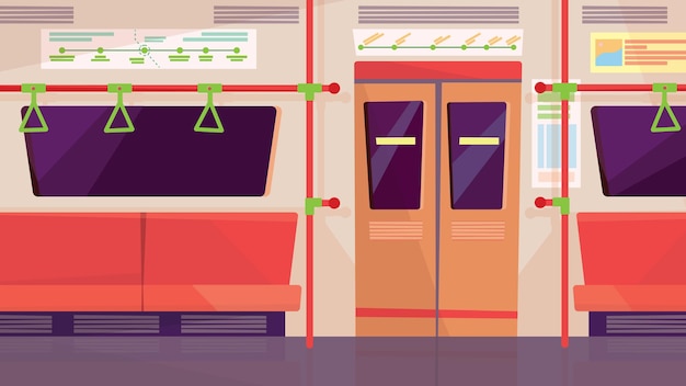 Empty subway car interior, banner in flat cartoon design. Seats and handrails in underground carriage. Modern public urban transport, infrastructure concept. Vector illustration of web background