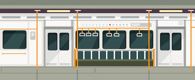 Empty subway train inside view. Metro carriage vector interior