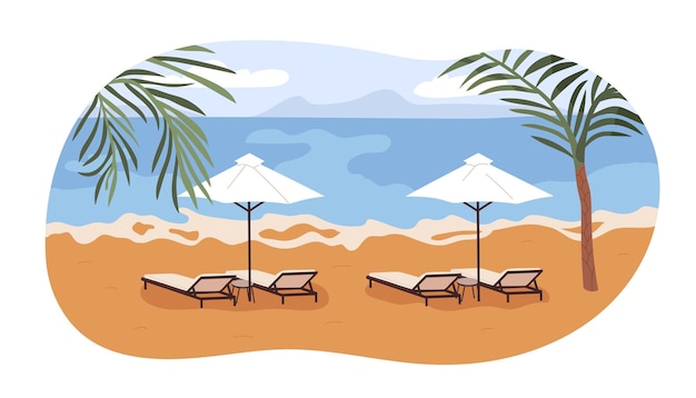 Empty summer beach with deck-chairs and umbrellas. Private chaise-longues on sand at sea coast, comfortable luxury resort. Deckchairs at seaside. Flat vector illustration isolated on white background