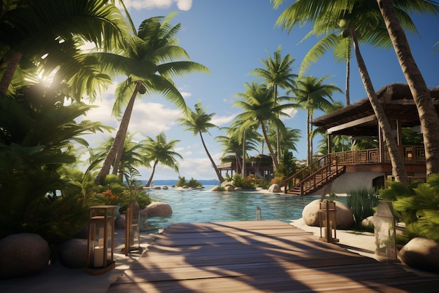 Empty tropical beach with palm trees deck chairs and parasols on a narrow sandbank among clear