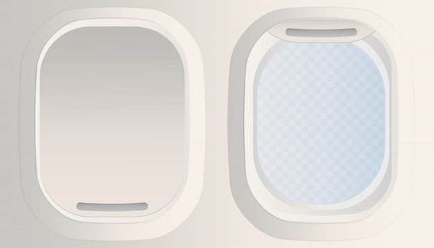 Empty white airplane window, isolated airplane window porthole   illustration. Closed window of the plane. Open transparent window of the plane.