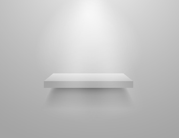 Empty white shelves. Store museum display mockup. Realistic vector interior modern shelf