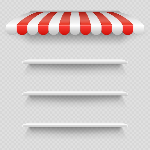 Empty white shop shelf under striped white and red sunshade   on transparent background