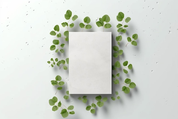 Vector empty white vertical rectangle poster mockup with soft hawthorn leaves shadows on neutral light grey concrete wall background flat lay top view 3d illustration