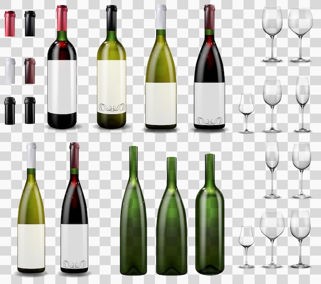 Empty wine glasses Red and white wine bottles Caps and sleeves closing the stopper bottle  Collection of realistic mockups Vector illustration