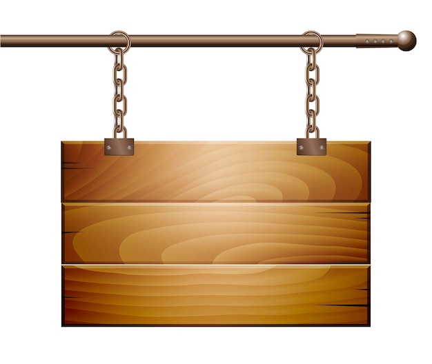 Vector empty wooden board sign hanging on a chain isolated on white. vector illustration