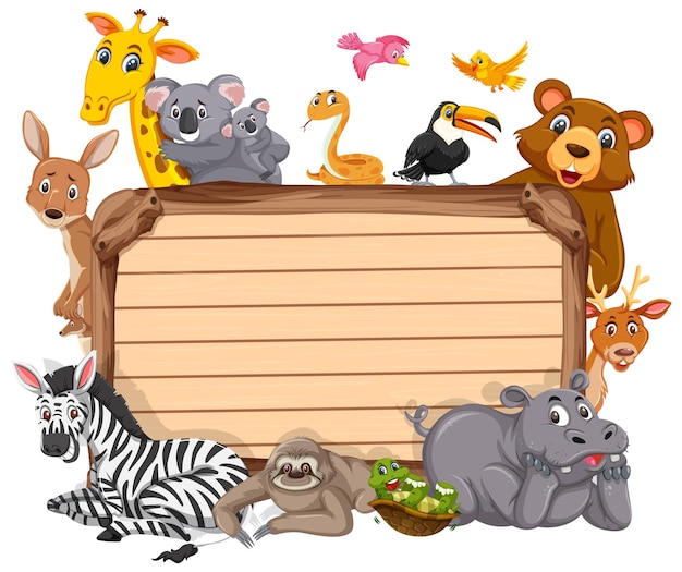 Empty wooden board with various wild animals