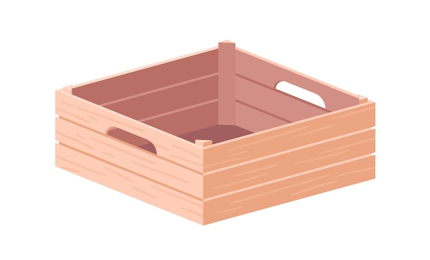 Empty wooden box with handles. Farm crate from wood planks for fruits and vegetables. Open container for grocery and harvest. Colored flat vector illustration of joinery isolated on white background.