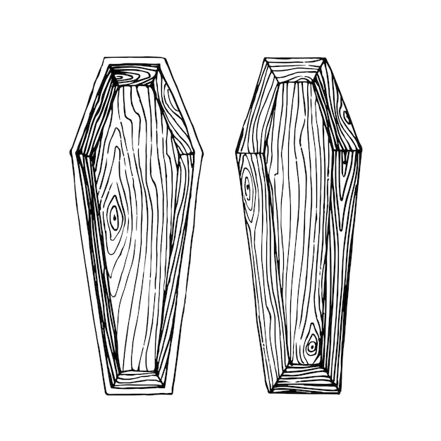 An empty wooden coffin with a lid. In black ink,