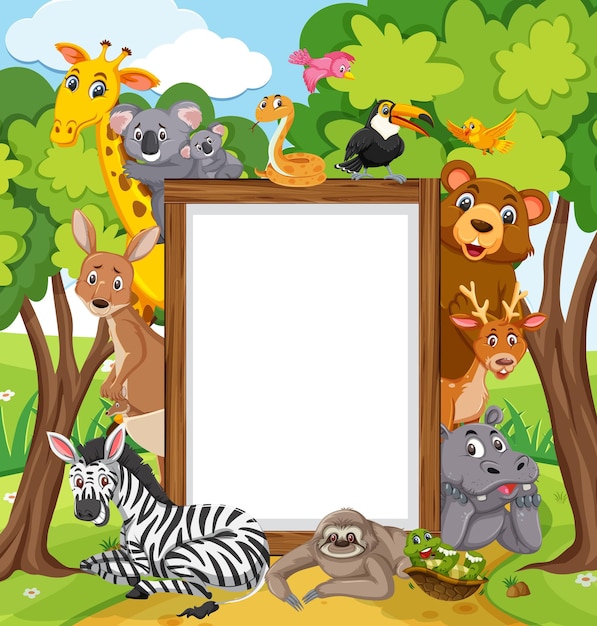 Empty wooden frame with various wild animals in the forest