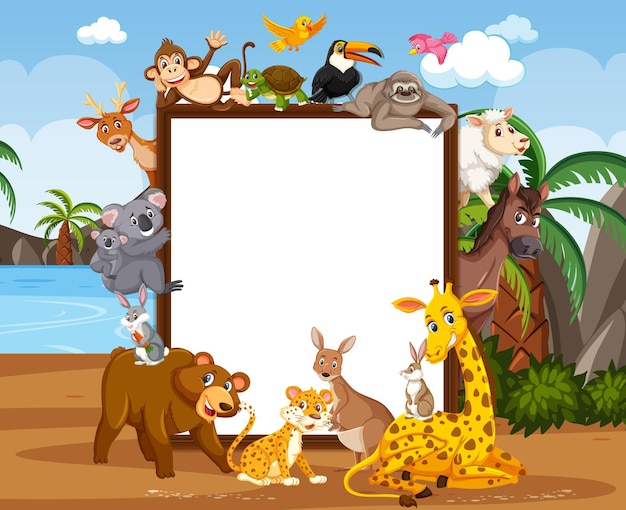 Empty wooden frame with various wild animals in the forest