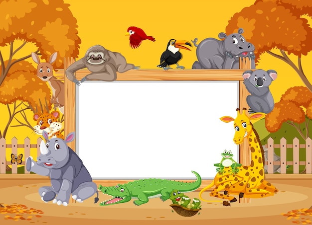 Empty wooden frame with various wild animals in the forest