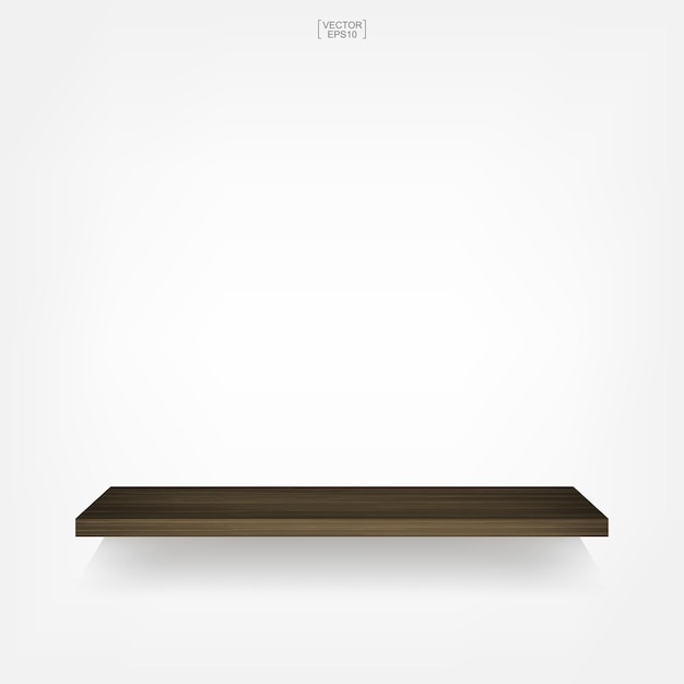 Empty wooden shelf on white background with soft shadow. Vector illustration.