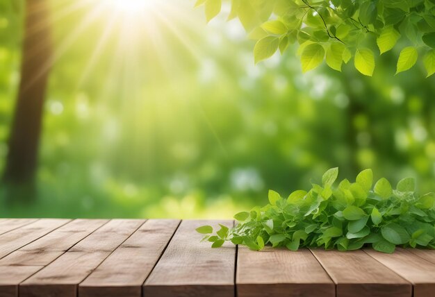 Vector empty wooden table with garden bokeh for a catering or food background with a country outdoor theme