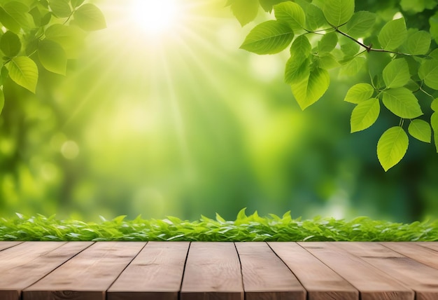 Vector empty wooden table with garden bokeh for a catering or food background with a country outdoor theme