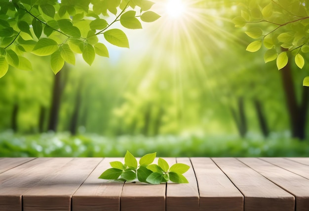 Vector empty wooden table with garden bokeh for a catering or food background with a country outdoor theme