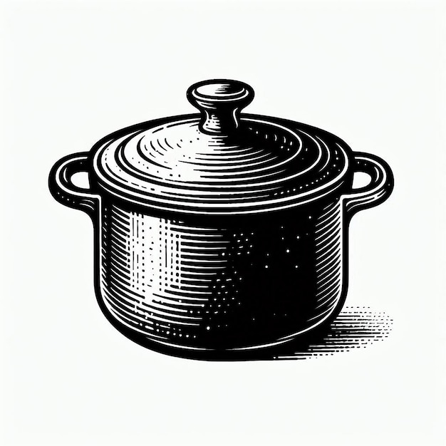 Enamel cast iron pot Silhouette line art vector illustration on white background