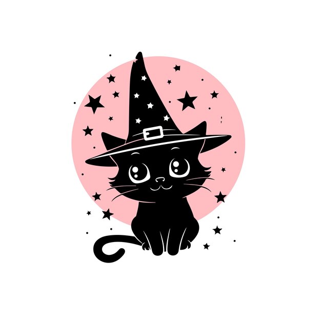 Vector enchanted black cat witch magical feline with stars kawaii witchy cat art