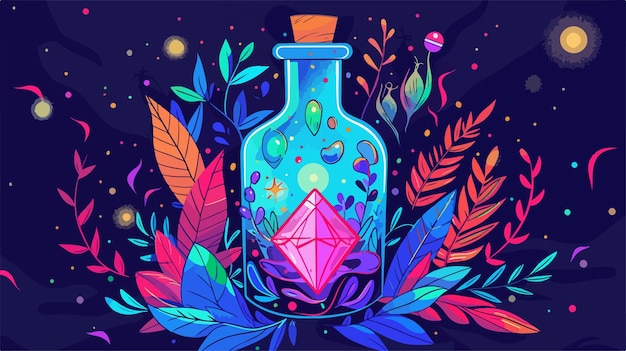 Enchanted Bottle with Plants and Gem Inside