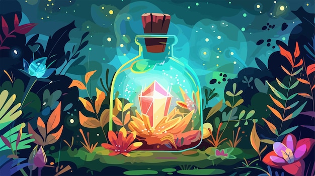 Vector enchanted bottle with plants and gem inside