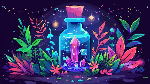 Enchanted Bottle with Plants and Gem Inside