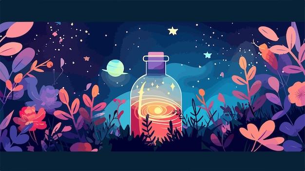 Vector enchanted bottle with plants and planet