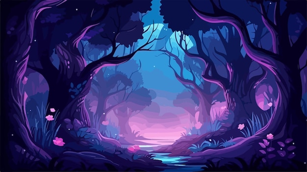 Vector enchanted fantasy forest scene at night with glowing lights