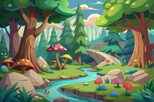 enchanted forest cartoon landscape vector illustration