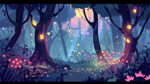 Vector enchanted forest with magical creatures and glow