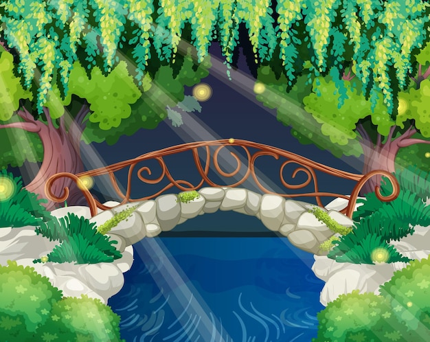 Vector enchanted garden scene with stone bridge