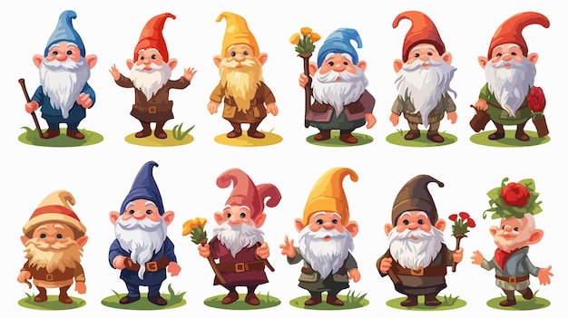 Vector enchanting cartoon elf and gnome in magical garden