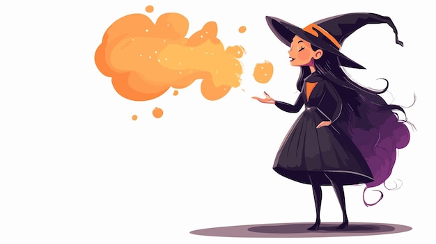 Vector enchanting cartoon witch girl casting spell with speech bubble