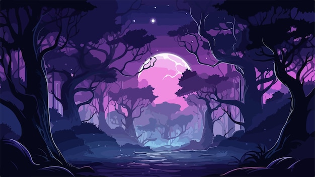 Vector enchanting dark night fantasy forest illustration with magical trees