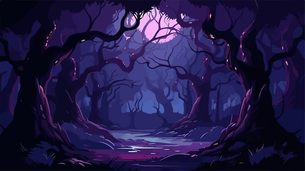 Vector enchanting dark night fantasy forest illustration with magical trees